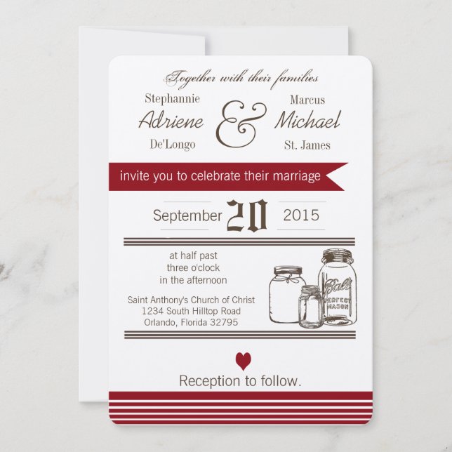5x7 Mason Jar Pays Faire-part de mariage rustique (Devant)