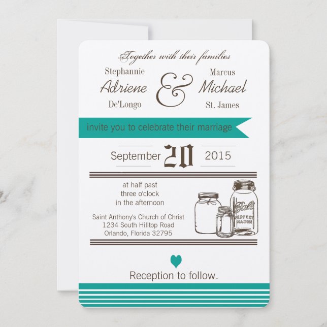 5x7 Mason Jar Pays Faire-part de mariage rustique (Devant)