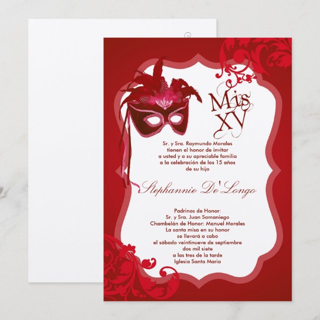 5x7 Masque rouge Masquerade Invitation Quinceanera (Devant / Derrière)