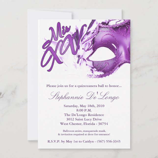 5x7 Masquerade Mask 15 Quinceanera Ball Invitation (Devant)