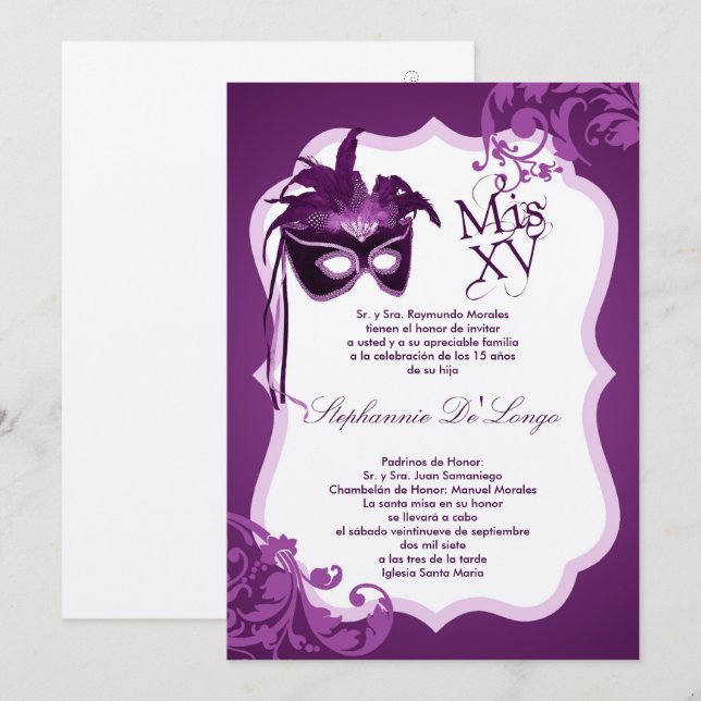 5x7 Masquerade Mask Quinceanera Invitation (Devant / Derrière)