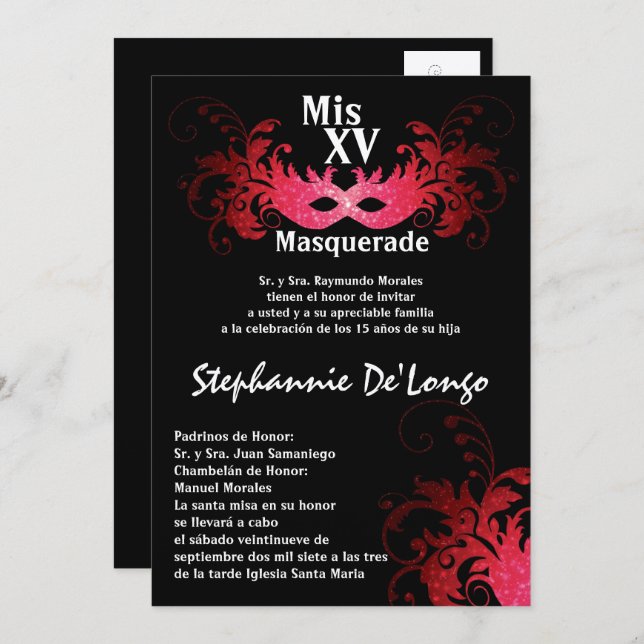 5x7 Masquerade Quinceanera Invitation Anniversaire (Devant / Derrière)
