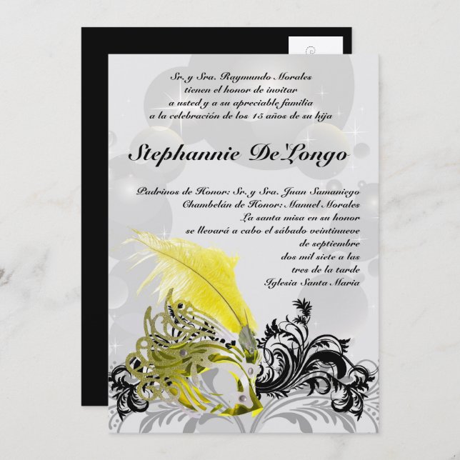 5x7 Masquerade Quinceanera Invitation Anniversaire (Devant / Derrière)