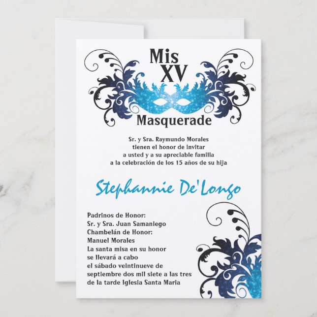 5x7 Masquerade Quinceanera Invitation Anniversaire (Devant)