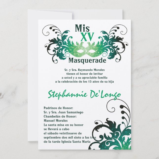5x7 Masquerade Quinceanera Invitation Anniversaire (Devant)