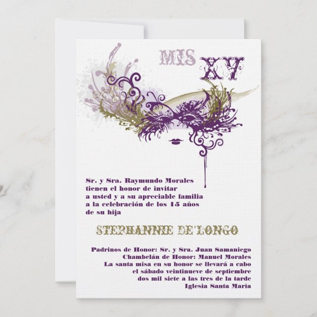5x7 Masquerade Quinceanera Invitation Anniversaire (Devant)