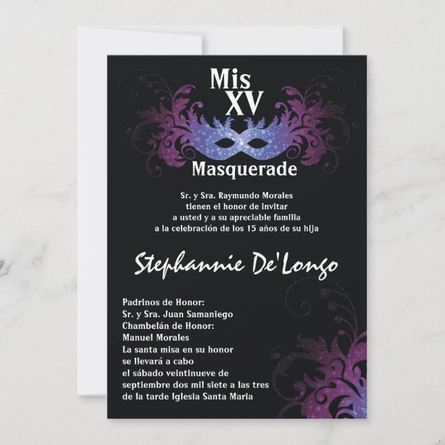 5x7 Masquerade Quinceanera Invitation Anniversaire (Devant)