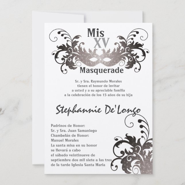 5x7 Masquerade Quinceanera Invitation Anniversaire (Devant)
