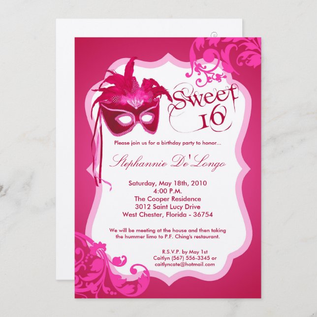 5x7 Masquerade rose Masque Masque 16 Invitation An (Devant / Derrière)