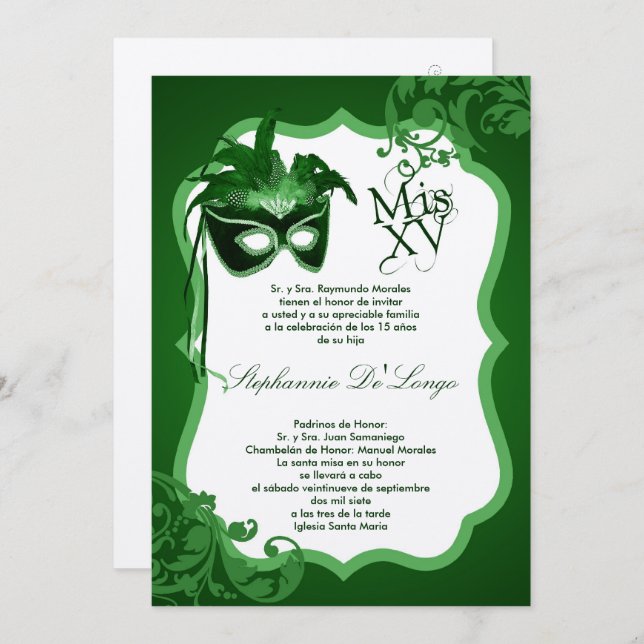 5x7 Masquerade verte Masque Quinceanera Invitation (Devant / Derrière)