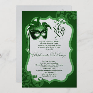 5x7 Masquerade verte Masque Quinceanera Invitation