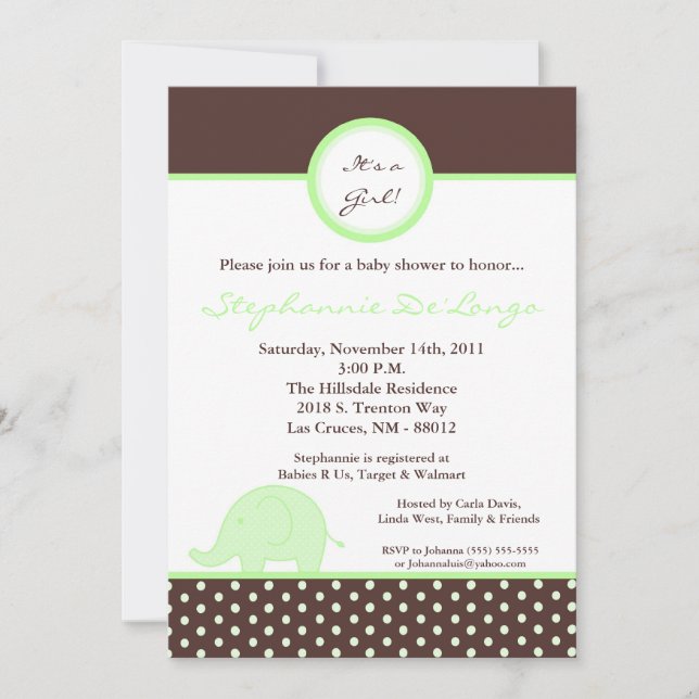 5x7 Mod Neut Green Elephant Baby shower Invitation (Devant)