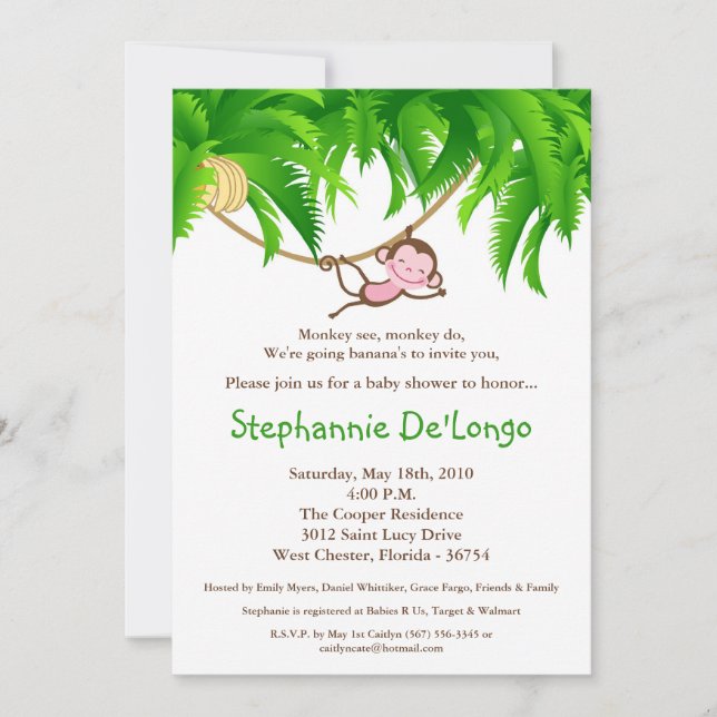 5x7 Monkey Jungle Safari Baby shower Invitation (Devant)