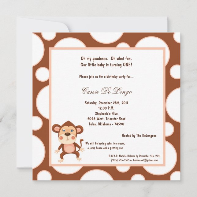 5x7 Monkey Pok-a-Dot Invitation de fête d'annivers (Devant)
