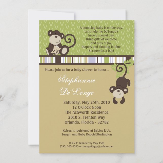 5x7 Monkey Time Zoo Animal Baby shower Invitation (Devant)