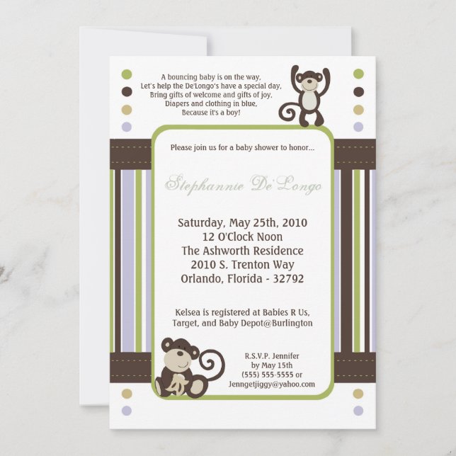 5x7 Monkey Time Zoo Animal Baby shower Invitation (Devant)