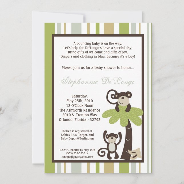 5x7 Monkey Time Zoo Animal Baby shower Invitation (Devant)