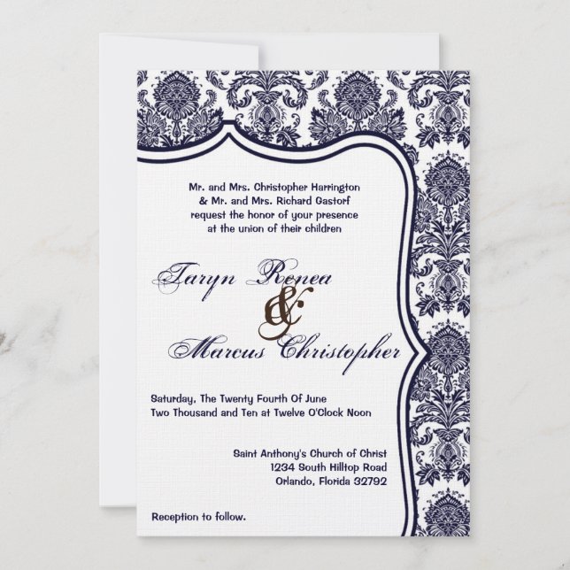 5x7 Navy Blue Damask Lace Faire-part de mariage (Devant)