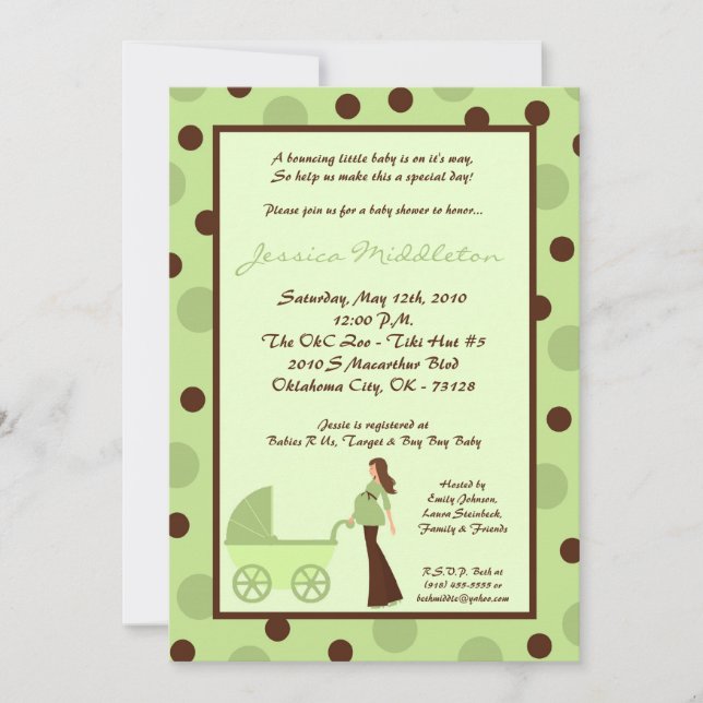 5x7 Neut Green Mom Carriage Invitation Baby shower (Devant)