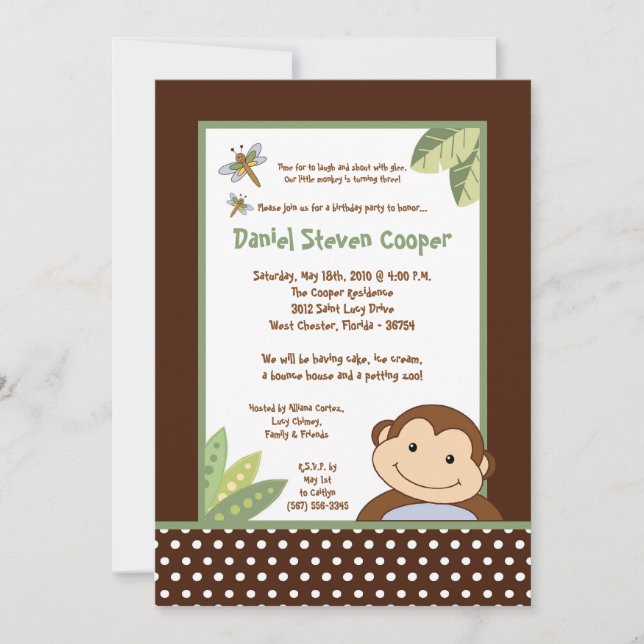 5x7 Neutral Papgayo Monkey Invitation Anniversaire (Devant)