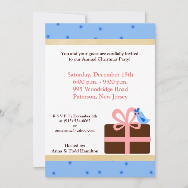 5x7 Noël présent Invitation d'oiseaux bleus (Devant)