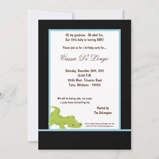 5x7 Noir Aligator Invitation de fête d'anniversair (Devant)