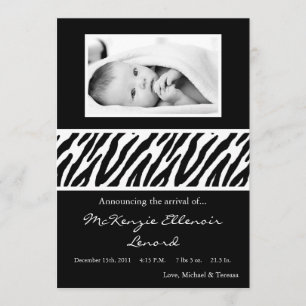 5x7 noir blanc Zèbre Faire-part de naissance PHOTO
