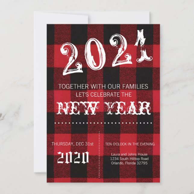 5x7 Nouvel An Invitation Buffalo Rouge Plaid (Devant)