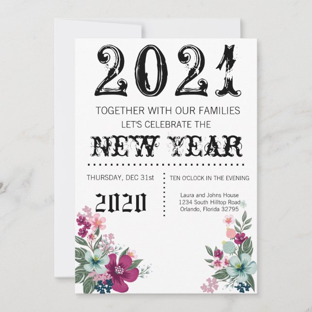 5x7 Nouvel An Invitation Fleurs tropicales sur (Devant)