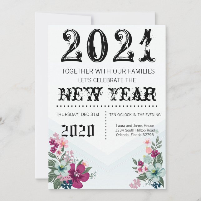5x7 Nouvel An Invitation Fleurs tropicales sur (Devant)