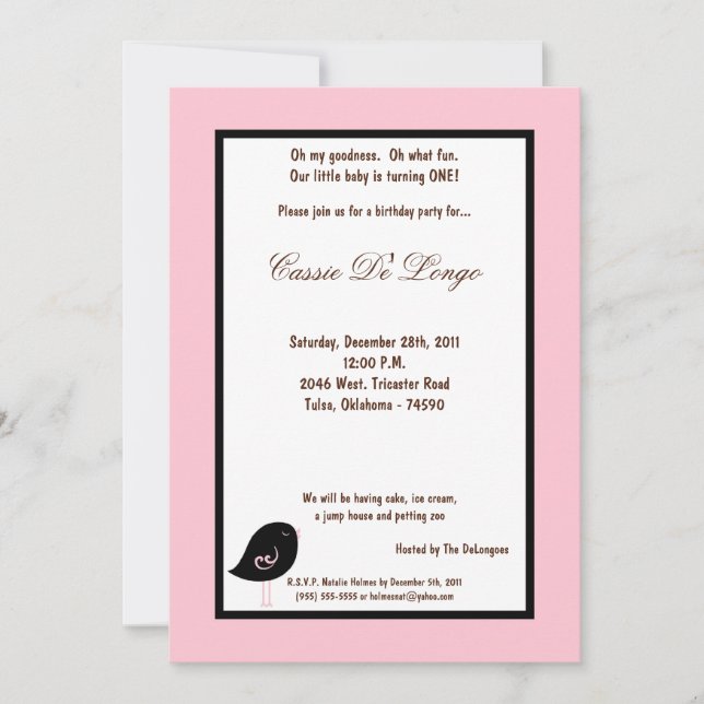 5x7 Oiseau rose clair Invitation de fête d'anniver (Devant)