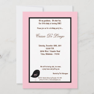 5x7 Oiseau rose clair Invitation de fête d'anniver