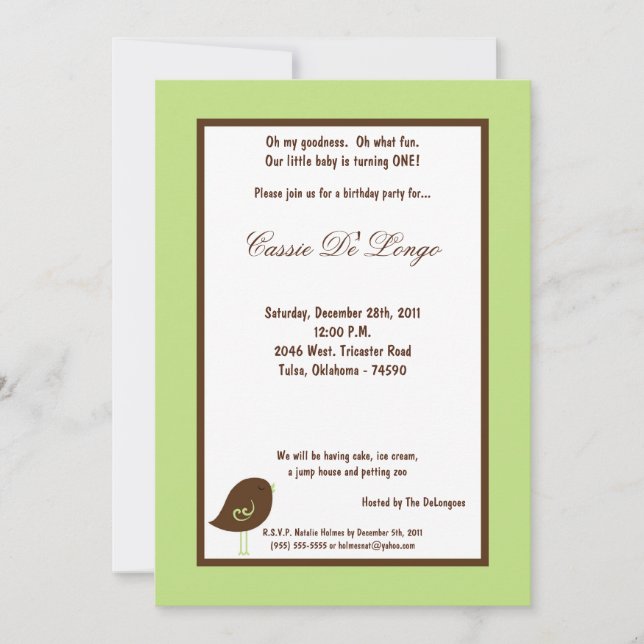 5x7 Oiseau vert clair Invitation de fête d'anniver (Devant)