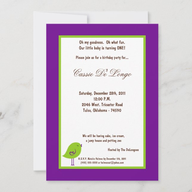 5x7 Oiseau violet foncé Invitation de fête d'anniv (Devant)