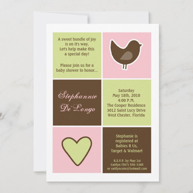 5x7 Oiseaux et blocs cardiaques Invitation Baby sh (Devant)