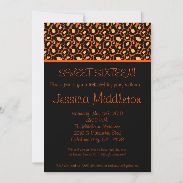 5x7 Orange Cheetah 16e anniversaire Invitation (Devant)