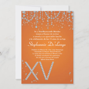5x7 Orange Diamond Quinceanera Invitation Annivers