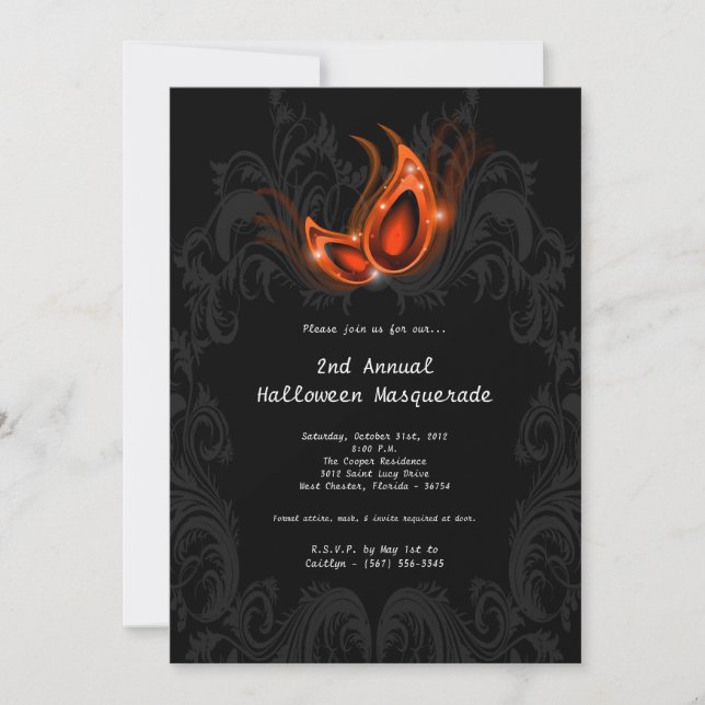 5x7 Orange Masquerade Halloween Costume Invitation (Devant)