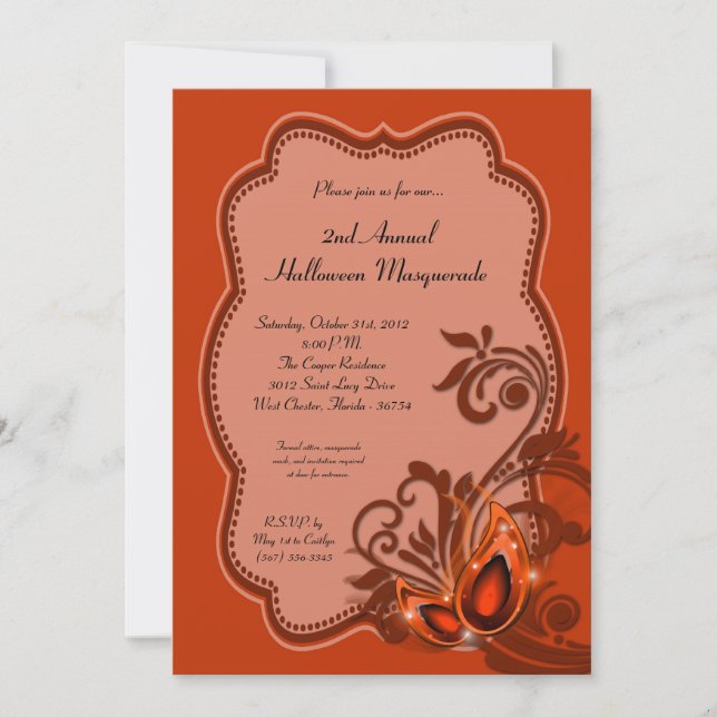 5x7 Orange Masquerade Halloween Costume Invitation (Devant)
