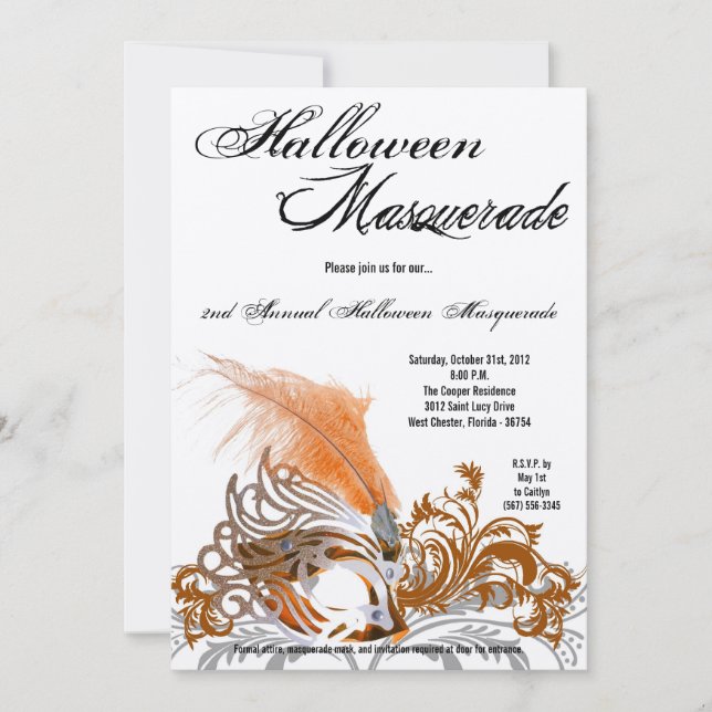 5x7 Orange Masquerade Halloween Costume Invitation (Devant)
