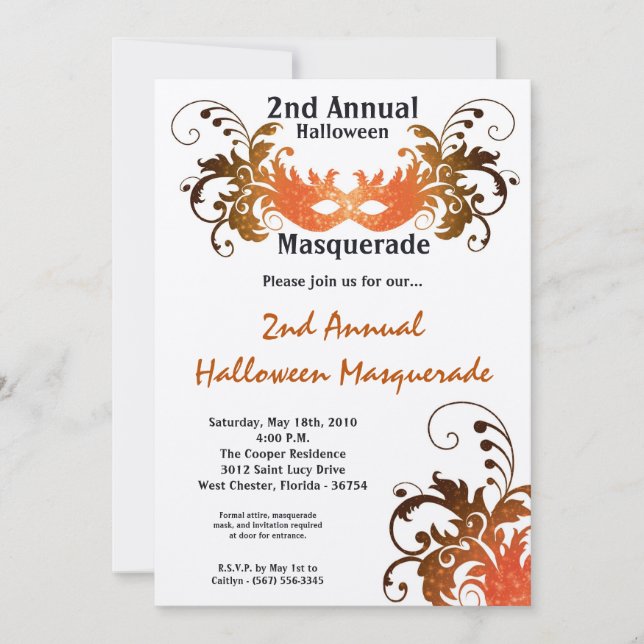 5x7 Orange Masquerade Halloween Costume Invitation (Devant)
