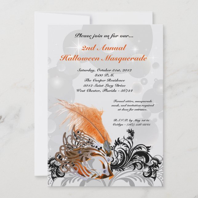 5x7 Orange Masquerade Invitation Costume Halloween (Devant)