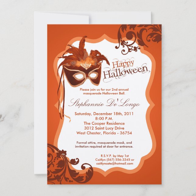 5x7 Orange Masquerade Mask Halloween Invitation (Devant)