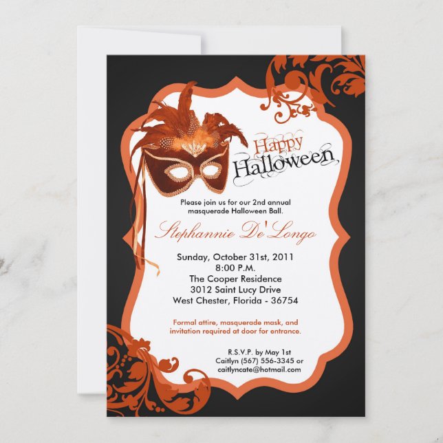 5x7 Orange Masquerade Masque Halloween Invitation (Devant)