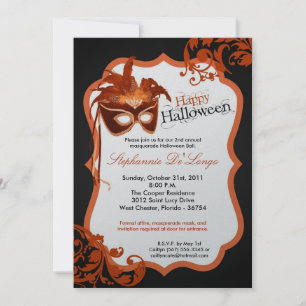 5x7 Orange Masquerade Masque Halloween Invitation