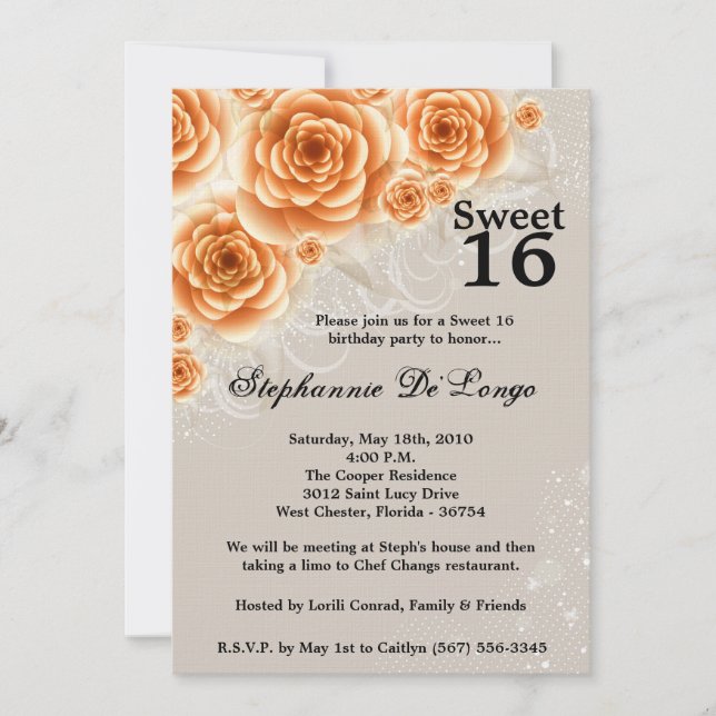 5x7 Orange Rose Sweet 16 Anniversaire Invitation (Devant)