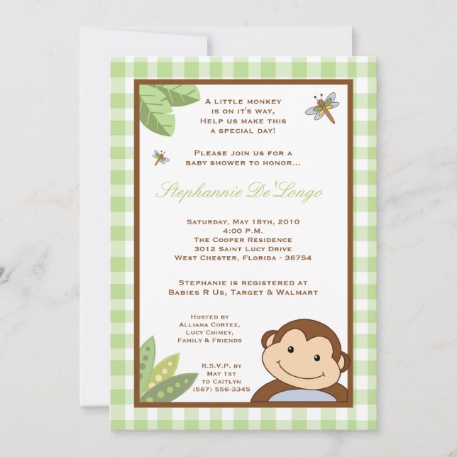 5x7 Papagayo Monkey Safari Baby shower Invitation (Devant)