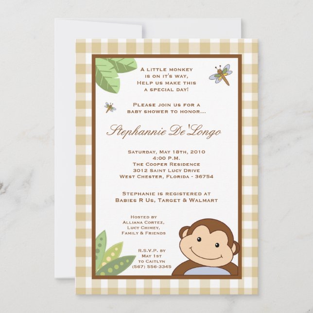 5x7 Papagayo Monkey Safari Baby Shower Invitation (Devant)