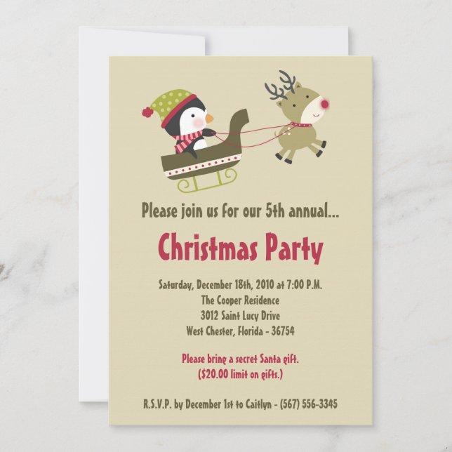 5x7 Pengui Rudolf Sky Christmas Party Invitation (Devant)