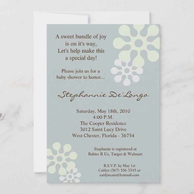 5x7 Perwinkle Blue Flower Invitation Baby shower (Devant)